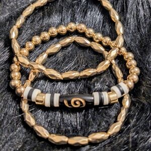 Handcrafted Gold, Black, & White Stackable Stretch Bracelets